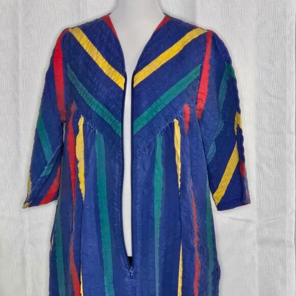 Saybury Vintage Medium Blue Stonewashed Seersucker Stiped Zip Front Robe - Picture 5 of 12